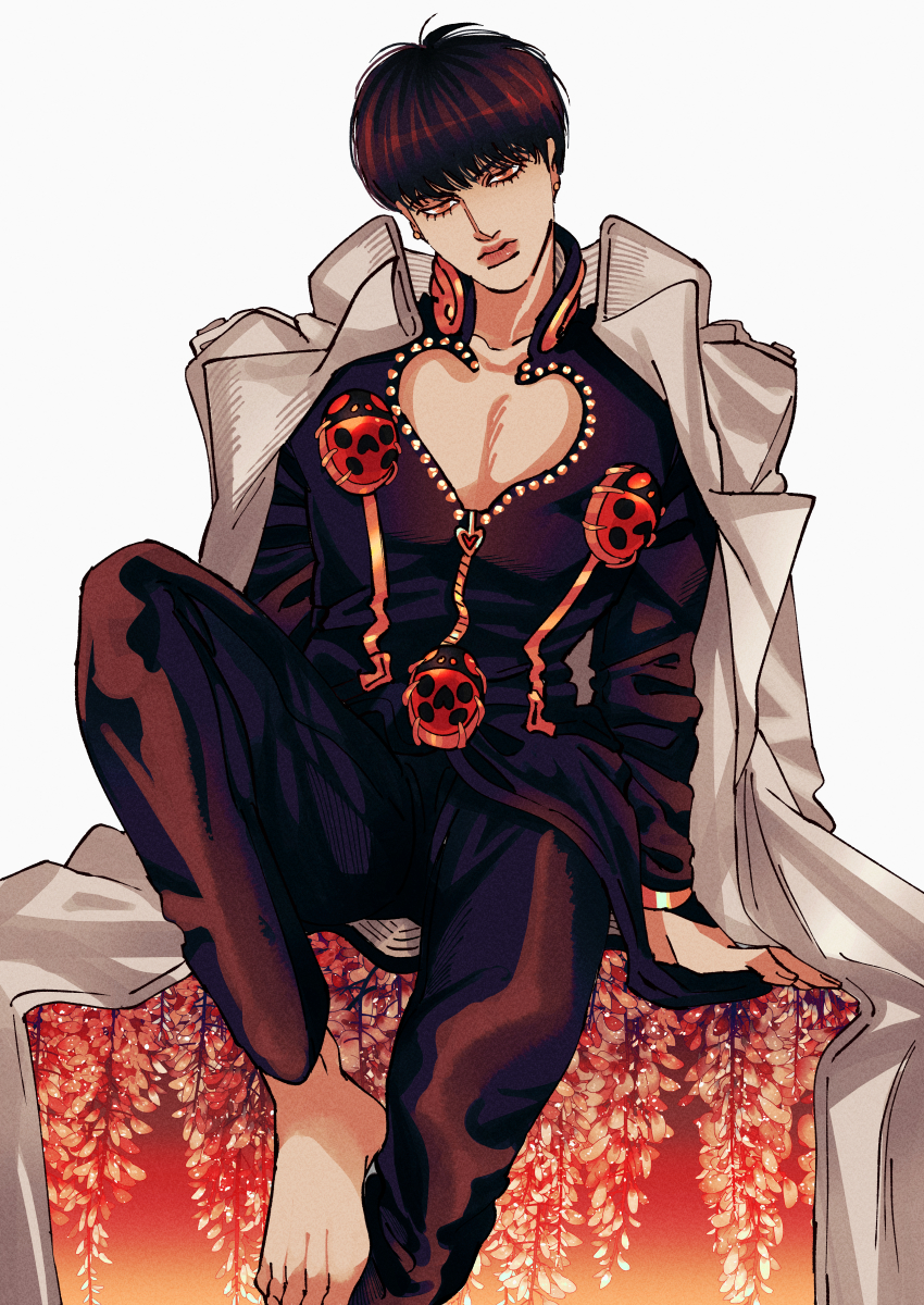 1boy absurdres barefoot black_hair bowl_cut clothing_cutout coat coat_on_shoulders commentary_request danggo99 expressionless giorno_giovanna grey_coat haruno_shiobana heart_cutout highres jojo_no_kimyou_na_bouken korean_commentary ladybug_ornament male_focus orange_eyes sitting solo vento_aureo