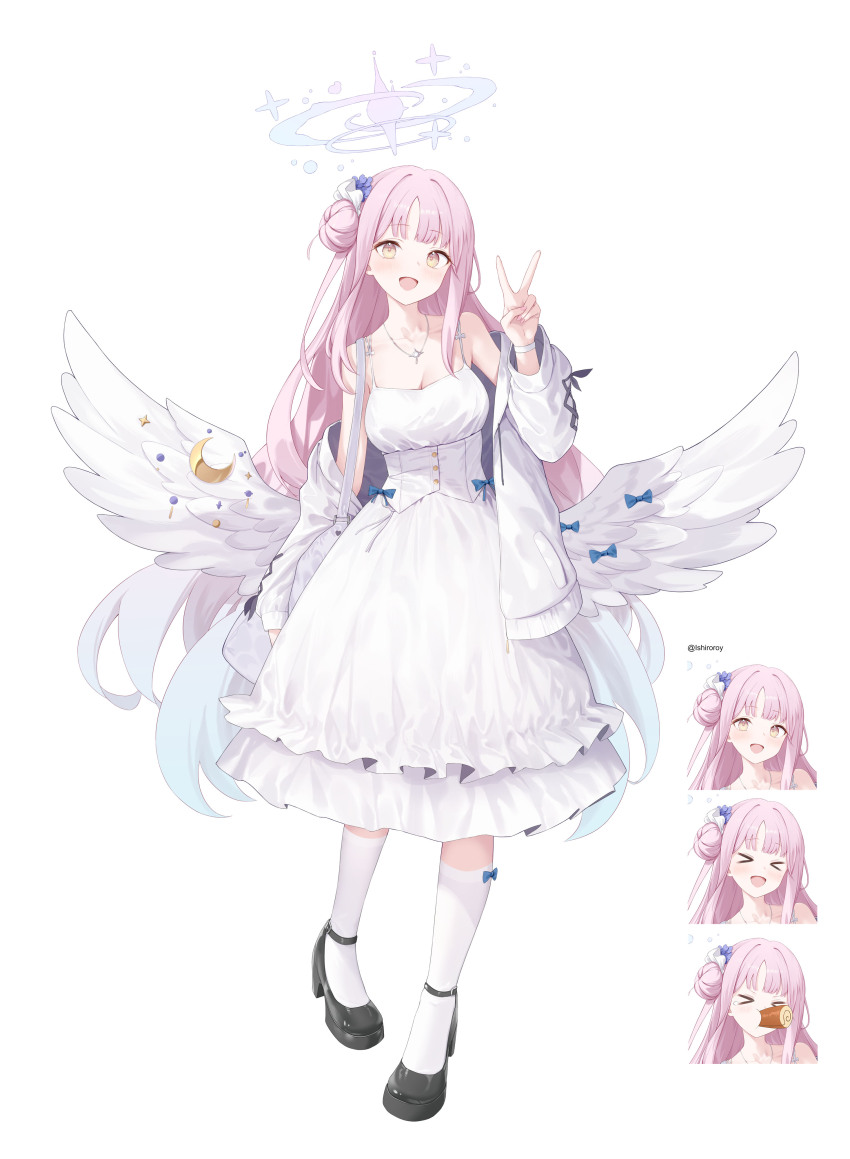 &gt;_&lt; 1girl :d absurdres alternate_costume angel_wings bag bare_shoulders black_footwear black_ribbon blue_archive blue_bow blue_halo blush bow bow_legwear bow_on_wing breasts cake cleavage closed_eyes collarbone commentary crescent dress multiple_expressions feathered_wings fingernails flower food frilled_dress frills full_body gradient_hair gradient_halo hair_bun hair_flower hair_ornament hair_ribbon halo happy high_heels highres jacket jewelry large_breasts long_hair long_sleeves looking_at_viewer low_wings mika_(blue_archive) multicolored_hair multicolored_halo nail_polish necklace open_clothes open_jacket open_mouth parted_bangs pink_hair pink_halo pink_nails pumps purple_flower raised_eyebrows ribbon roi_(liu_tian) shoulder_bag simple_background single_side_bun sleeveless sleeveless_dress smile socks solo_focus swiss_roll tearing_up twitter_username v white_background white_bag white_dress white_jacket white_ribbon white_socks white_wings wings wristband xd yellow_eyes