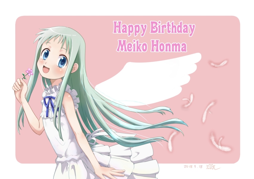 1girl 2018 ano_hi_mita_hana_no_namae_wo_bokutachi_wa_mada_shiranai. artist_name bare_shoulders birthday blue_eyes character_name dated dress feet_out_of_frame flower grey_hair happy_birthday holding holding_flower honma_meiko long_hair looking_at_viewer open_mouth pink_background simple_background solo standing su6546age white_dress wings