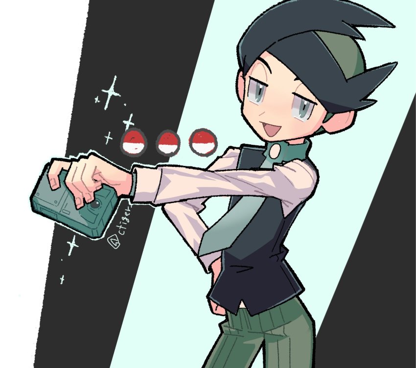 1boy :d black_hair buttons commentary_request cowboy_shot frontier_brain green_eyes green_hair green_necktie green_pants half-closed_eyes hand_on_own_hip highres holding looking_at_viewer male_focus multicolored_hair necktie nintendo open_mouth outstretched_arm pants poke_ball_symbol pokemon pokemon_dppt pokemon_platinum smile solo thorton_(pokemon) tongue tora_(ctiger) twitter_username two-tone_hair