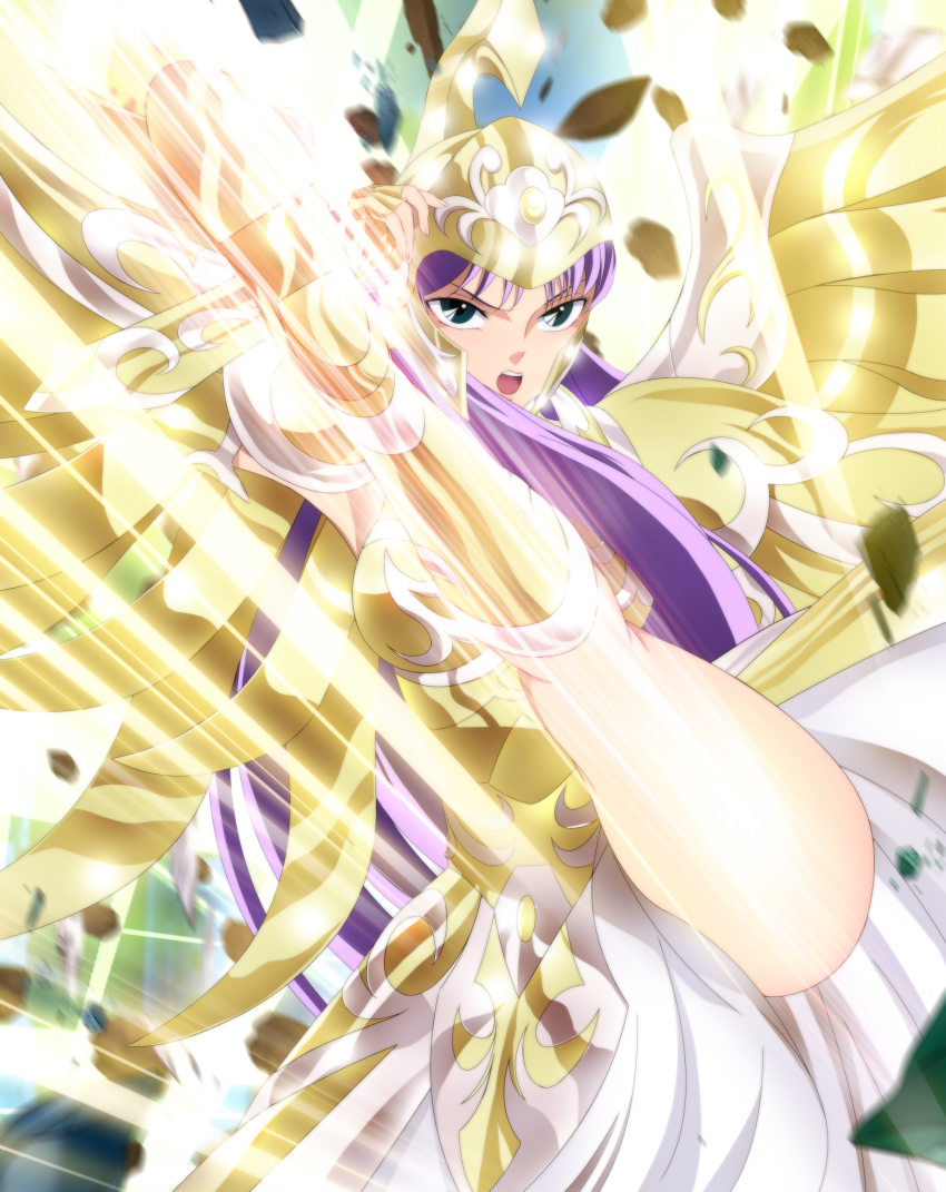 1girl absurdres armor armpits athena breasts dress feet female_focus fighting_stance green_eyes helmet highres kido_saori large_breasts leg_up legs light long_hair looking_at_viewer open_mouth purple_hair saint_seiya serious shoulder_pads solo thighs white_dress wings yadokari_genpachirou