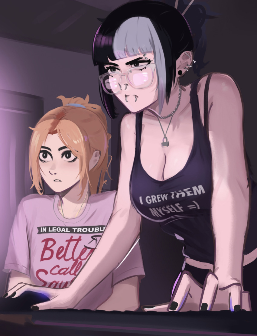 2girls bare_shoulders better_call_saul black_eyes black_hair black_nails black_tank_top blonde_hair bra_strap breaking_bad breasts cleavage computer_mouse confused english_text eyebrow_piercing glasses grey-framed_eyewear hair_ornament hair_stick hanging_breasts highres holding_computer_mouse indoors jessie_(veyonis) jewelry large_breasts leaning_forward lip_piercing looking_at_screen meme messy_hair mika_(veyonis) multicolored_hair multiple_girls nose_piercing original parted_lips piercing pink_shirt ponytail print_shirt rectangular_eyewear screen_light scrunchie shirt standing t-shirt tank_top two-tone_hair veyonis young_thug_and_lil_durk_troubleshooting_(meme)