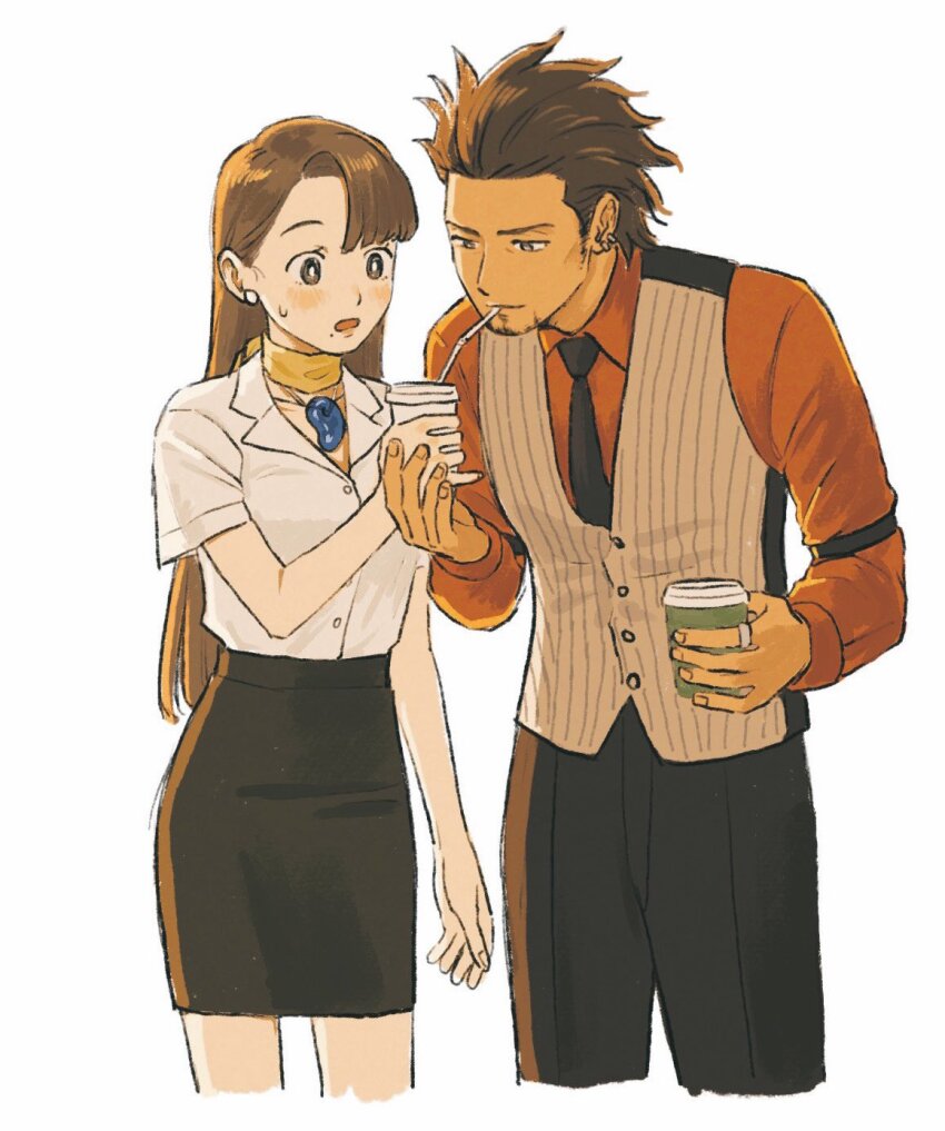 1boy 1girl ace_attorney asymmetrical_bangs beard black_necktie black_pants black_skirt blush brown_eyes brown_hair brown_vest collared_shirt cropped_legs cup diego_armando disposable_cup drinking drinking_straw drinking_straw_in_mouth earrings facial_hair grey_eyes highres holding holding_cup indirect_kiss jewelry long_hair long_sleeves magatama magatama_necklace mia_fey mole mole_under_mouth necklace necktie open_mouth pants pencil_skirt phoenix_wright:_ace_attorney_-_trials_and_tribulations red_shirt renshu_usodayo ring scarf shirt short_hair simple_background skirt smile standing surprised sweatdrop vest white_background white_shirt yellow_scarf