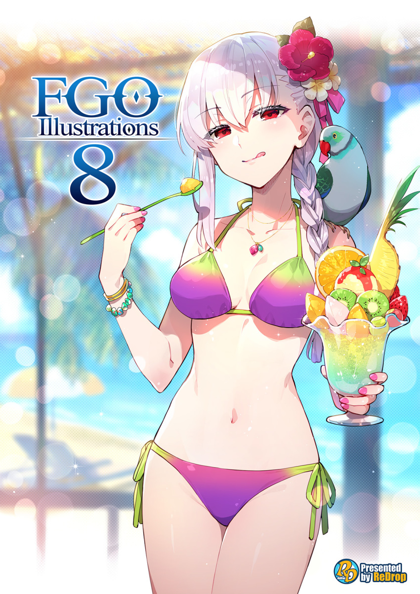 1girl animal animal_on_shoulder beach bikini bird bracelet braid braided_ponytail breasts day fate/grand_order fate_(series) flower food fruit hair_flower hair_ornament highres hut jewelry kama_(fate) large_breasts licking_lips multicolored_bikini navel necklace ocean palm_tree parfait parrot pink_ribbon red_eyes redrop ribbon side-tie_bikini_bottom solo spoon swimsuit tongue tongue_out tree