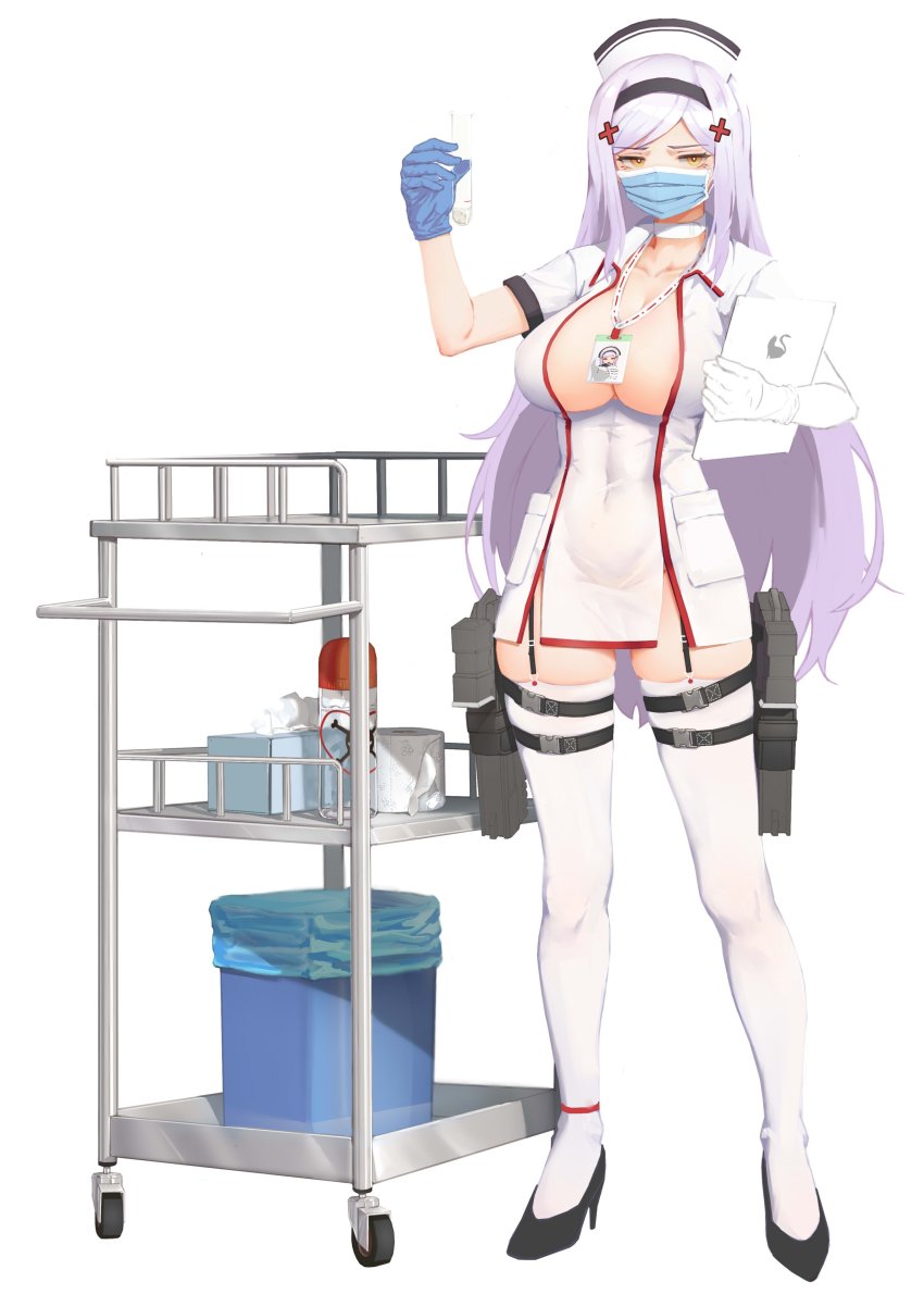 1girl absurdres black_lilith_(last_origin) blue_gloves breasts bright_pupils cleavage clipboard covered_navel dress empty_eyes garter_straps gloves greentree groin hair_ornament hairband hat high_heels highres holster large_breasts last_origin light_purple_hair mask mouth_mask name_tag nurse_cap short_dress solo standing surgical_mask thigh_holster thighhighs unfinished vial white_pupils white_thighhighs yellow_eyes