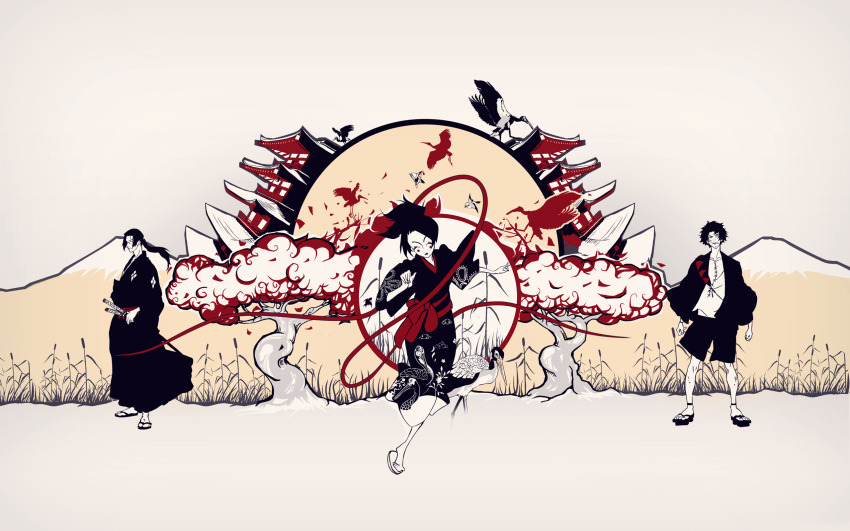 artist_request crane fuu_(samurai_champloo) geta hakama hakama_skirt highres japanese_clothes jinnosuke kimono mugen_(samurai_champloo) samurai samurai_champloo sandals skirt
