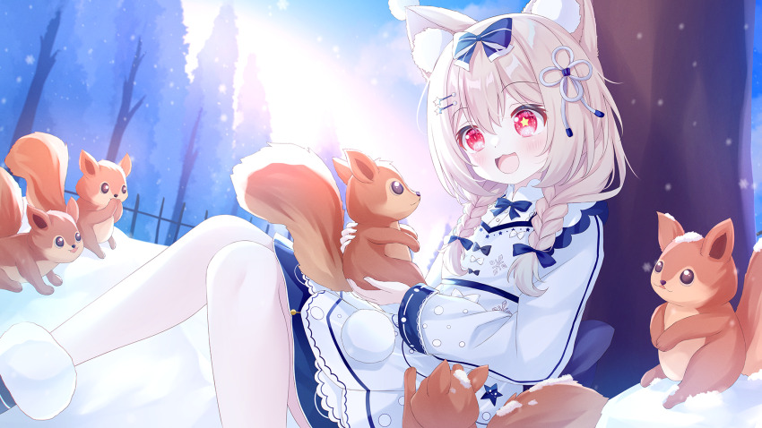 1girl :d against_tree animal animal_ear_fluff animal_ears blonde_hair blue_bow blue_bowtie bow bowtie braid commentary_request dress dress_bow hair_bow hair_ornament hairclip hanamura_lily highres holding holding_animal long_hair long_sleeves looking_at_animal mismatched_pupils open_mouth original outdoors pink_eyes sitting smile snow snowing solo squirrel star-shaped_pupils star_(symbol) symbol-shaped_pupils tree twin_braids white_bow white_dress yellow_pupils yottacc
