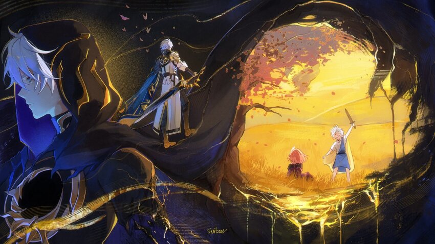 1boy 1girl age_comparison ancient_greek_clothes antenna_hair armor black_boots black_cloak black_shirt blue_cape blue_eyes boots cape chiton cloak coat commentary cyrene_(honkai:_star_rail) dark_persona english_commentary flame_reaver_of_the_deepest_dark greco-roman_clothes highres holding holding_sword holding_weapon honkai:_star_rail honkai_(series) hood hood_up hooded_cloak knee_boots male_focus moonya pauldrons phainon_(honkai:_star_rail) pink_hair shirt short_hair shoulder_armor side_cape single_pauldron sword weapon wheat_field white_coat white_hair white_shirt wooden_sword