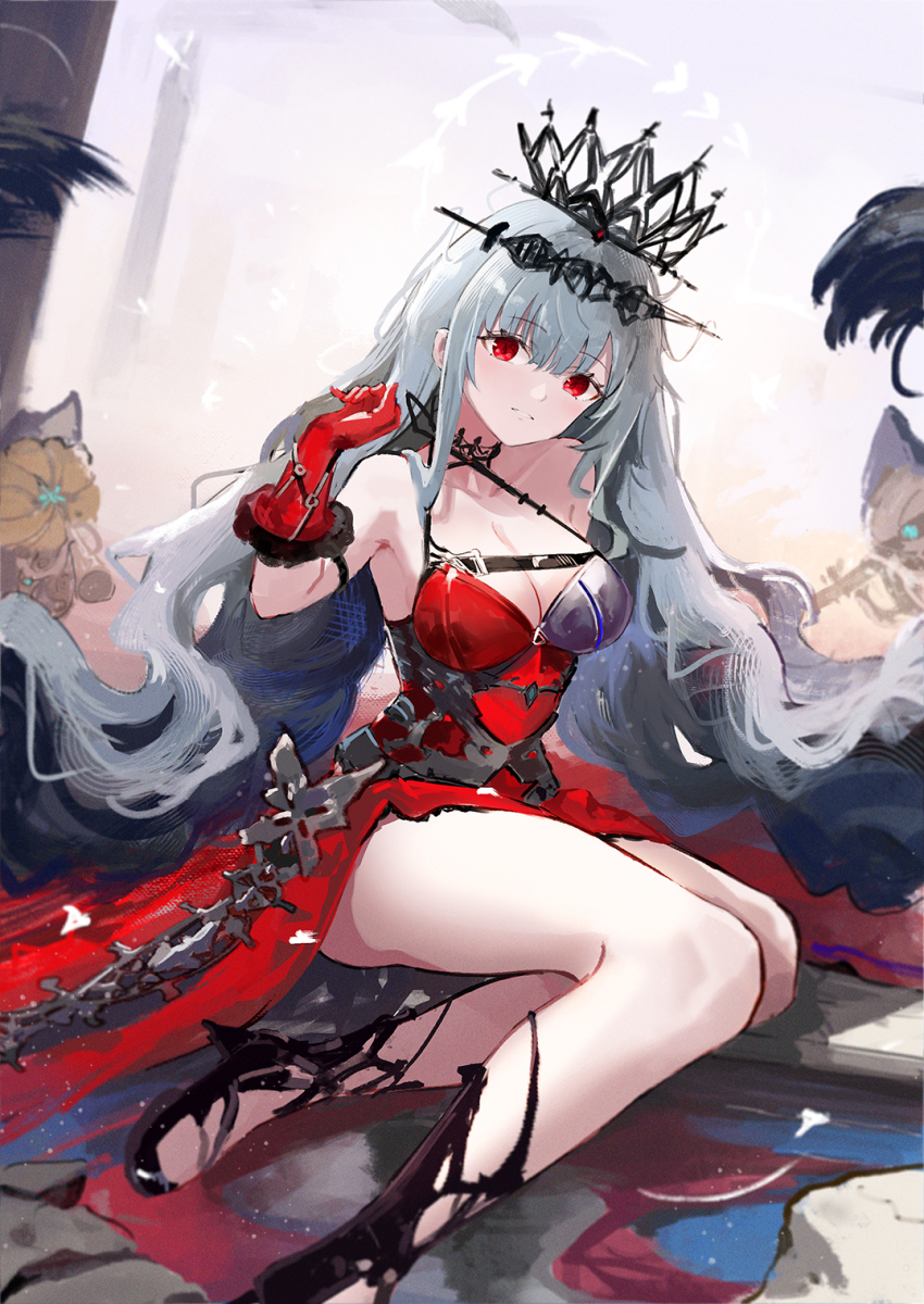 1girl arknights bare_legs breasts cleavage commentary crown dress ema_(kuguiema) english_commentary full_body gloves grey_background grey_hair headpiece highres indoors long_hair looking_at_viewer medium_breasts multiple_others official_alternate_costume red_dress red_eyes red_gloves sitting skadi_(arknights) skadi_the_corrupting_heart_(arknights) skadi_the_corrupting_heart_(red_countess)_(arknights) sketch smile solo_focus thighs unfinished very_long_hair wariza