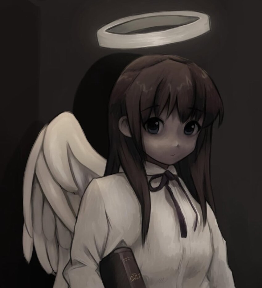 1girl angel bible_(object) black_bow black_bowtie black_eyes black_ribbon book bow bowtie breasts brown_hair closed_mouth dot_mouth dress expressionless feathers grey_background hair_over_shoulder halo highres holding holding_book indoors long_hair looking_at_viewer medium_breasts neck_ribbon original raised_eyebrows ribbon shadow solo upper_body very_long_sleeves white_dress white_feathers white_wings wings zoolpal