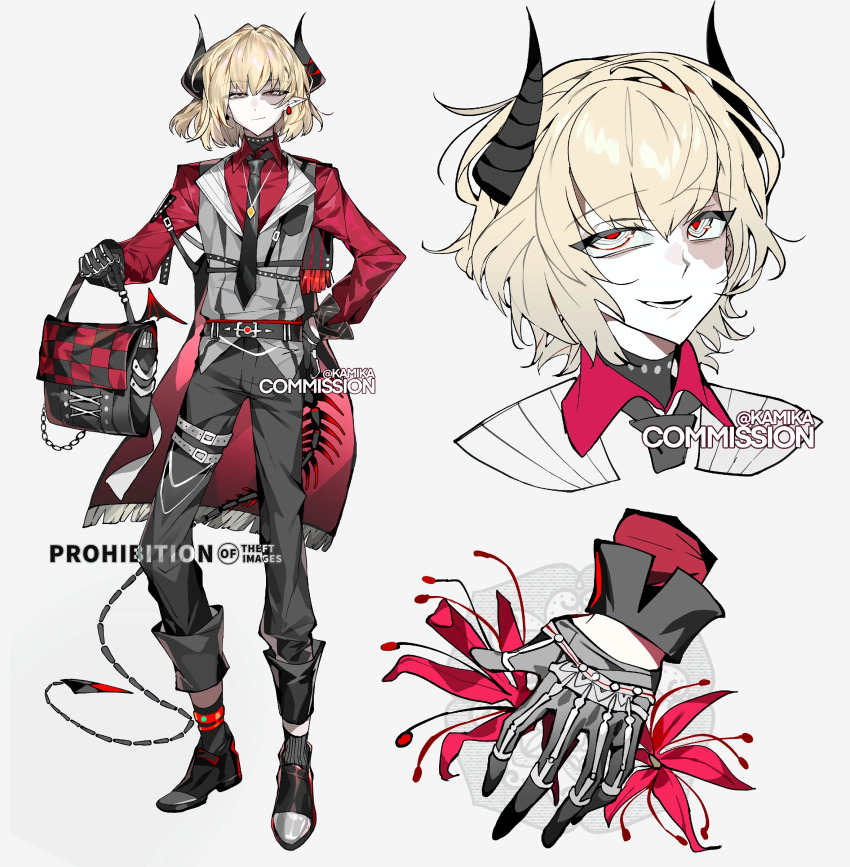 1boy absurdres ahoge ankle_boots armored_gloves bag belt black_boots black_gloves black_horns black_necktie black_pants black_tail blonde_hair bob_cut bone boots checkered_bag choker close-up coat collar collared_shirt curved_horns demon demon_tail earrings evil_smile flower formal_clothes full_body gloves grey_vest hair_over_one_eye hand_focus hand_on_own_hip harness highres holding horns jewelry kamika leg_wrap lineart long_sleeves looking_at_viewer male_focus messy_hair monster_boy multiple_views necktie open_clothes open_coat original pants piercing portrait red_coat red_eyes red_shirt reference_sheet shirt short_hair shoulder_bag simple_background skeleton sketch slit_pupils smile smirk spider_lily spiked_choker spikes standing suit tail vest white_background