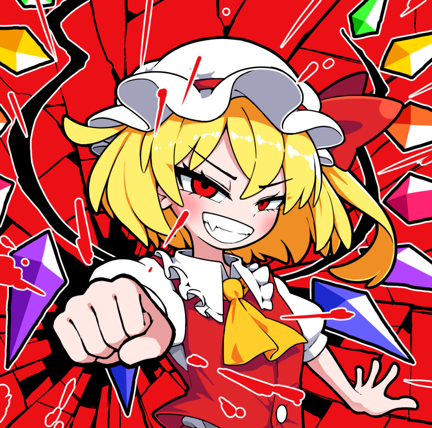 1girl ascot blonde_hair breaking clenched_hand crystal crystal_wings fang flandre_scarlet grin hat hat_ribbon highres looking_at_viewer mob_cap puffy_sleeves red_background red_eyes red_ribbon red_vest ribbon short_sleeves side_ponytail smile solidus_(sword_cube) solo touhou upper_body vest wings yellow_ascot