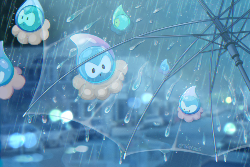6+others :&gt; :o artist_name blurry blurry_background building castform castform_(rainy) commentary english_commentary gen_3_pokemon grey_theme highres lights looking_ahead looking_at_viewer multiple_others nintendo outdoors pokemon pokemon_(creature) pov rain taplaos twitter_username umbrella water_drop