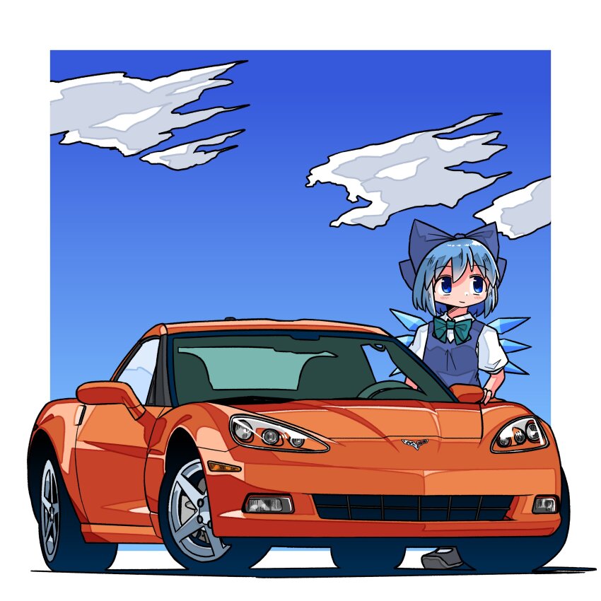 1girl absurdres blue_bow blue_dress blue_hair blue_sky border bow bowtie car chevrolet chevrolet_corvette chevrolet_corvette_c6 cirno cloud commission dress green_bow green_bowtie hair_bow highres ice ice_wings kasuya_baian motor_vehicle orange_car puffy_short_sleeves puffy_sleeves short_hair short_sleeves sky solo sports_car standing touhou vehicle_focus white_border wings