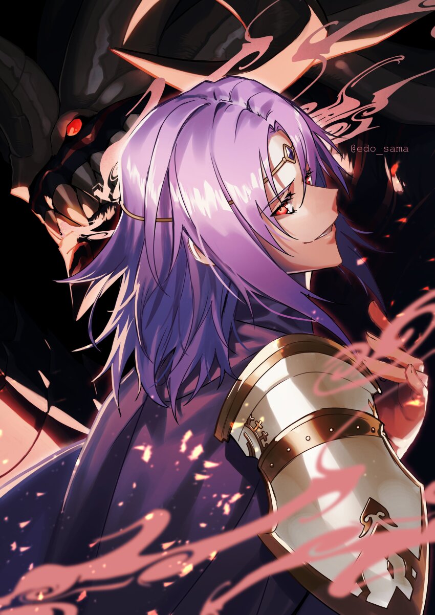 1boy 1other absurdres armor cape circlet demon demon_horns edo-sama evil_smile fire_emblem fire_emblem:_the_sacred_stones fomortiis_(fire_emblem) highres horns looking_at_viewer lyon_(fire_emblem) male_focus medium_hair nintendo purple_cape purple_hair red_eyes sharp_teeth shoulder_armor smile teeth twitter_username
