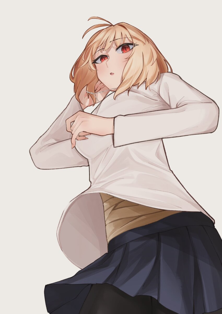 10456to 1girl ahoge antenna_hair arcueid_brunestud blonde_hair bound fingernails highres jewelry long_sleeves looking_at_viewer necklace open_mouth red_eyes sharp_fingernails short_hair skirt solo sweater tape tape_bondage tsukihime tsukihime_(remake) turtleneck white_sweater