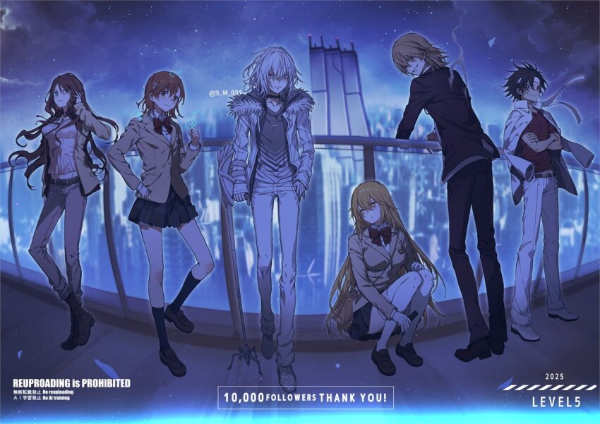 3boys 3girls academy_city accelerator_(toaru_majutsu_no_index) adjusting_hair against_railing albino ankle_boots black_choker black_hair black_pants black_socks blazer blonde_hair boots bow bowtie brown_eyes brown_footwear brown_hair brown_jacket cane choker coin collared_shirt commentary controller crossed_arms diagonal-striped_shirt electricity electrokinesis english_commentary frown full_body fur-trimmed_jacket fur_trim gloves grin hachimaki hair_between_eyes hair_ornament hairpin headband holding holding_coin holding_remote_control jacket jacket_on_shoulders kakine_teitoku kneehighs level_5_(toaru) loafers long_hair long_sleeves looking_at_viewer midriff milestone_celebration miniskirt misaka_mikoto mugino_shizuri multiple_boys multiple_girls night night_sky pants plaid_clothes plaid_skirt psychic railing red_bow red_bowtie red_eyes red_shirt remote_control s_m_831 school_emblem school_uniform shirt shoes shokuhou_misaki short_hair skirt sky smile socks sogiita_gunha sparkling_eyes star_(sky) starry_sky sweater thighhighs toaru_kagaku_no_railgun toaru_majutsu_no_index tokiwadai_school_uniform twitter_username white_footwear white_gloves white_hair white_headband white_jacket white_pants white_sweater white_thighhighs winter_uniform yellow_eyes