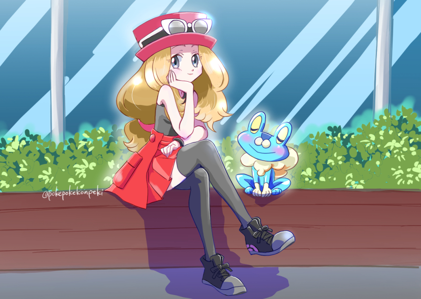 1girl bare_shoulders black_footwear black_shirt black_thighhighs blonde_hair closed_mouth crossed_legs eyewear_on_headwear froakie full_body gen_6_pokemon grey_eyes hat legs long_hair looking_at_viewer nintendo pleated_skirt pokemon pokemon_(creature) pokemon_xy pokepokekonpeki red_hat red_skirt serena_(pokemon) shirt shoes sitting skirt sleeveless sleeveless_shirt smile sunglasses thighhighs twitter_username
