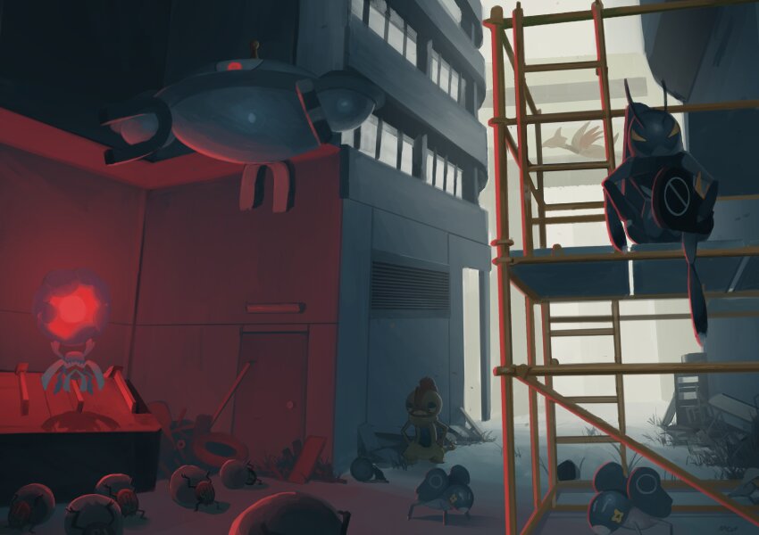 absurdres commentary_request door gen_2_pokemon gen_4_pokemon gen_5_pokemon glowing glowing_eyes highres king_joe_(neoroto) ladder lokix magnezone nintendo no_humans nymble pokemon pokemon_(creature) rabsca red_eyes rellor scaffolding scrafty shadow sitting skarmory unused_tire yellow_eyes
