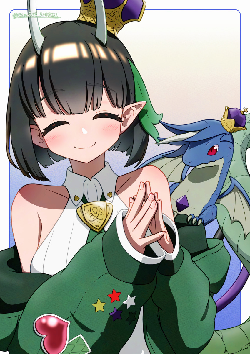 1girl absurdres biscione_(fate) biscione_(second_ascension)_(fate) breasts closed_eyes crown dragon dragon_horns dragon_tail fate/grand_order fate_(series) green_jacket highres horns jacket large_breasts maki319144 mini_crown pointy_ears smile steepled_fingers tail twitter_username