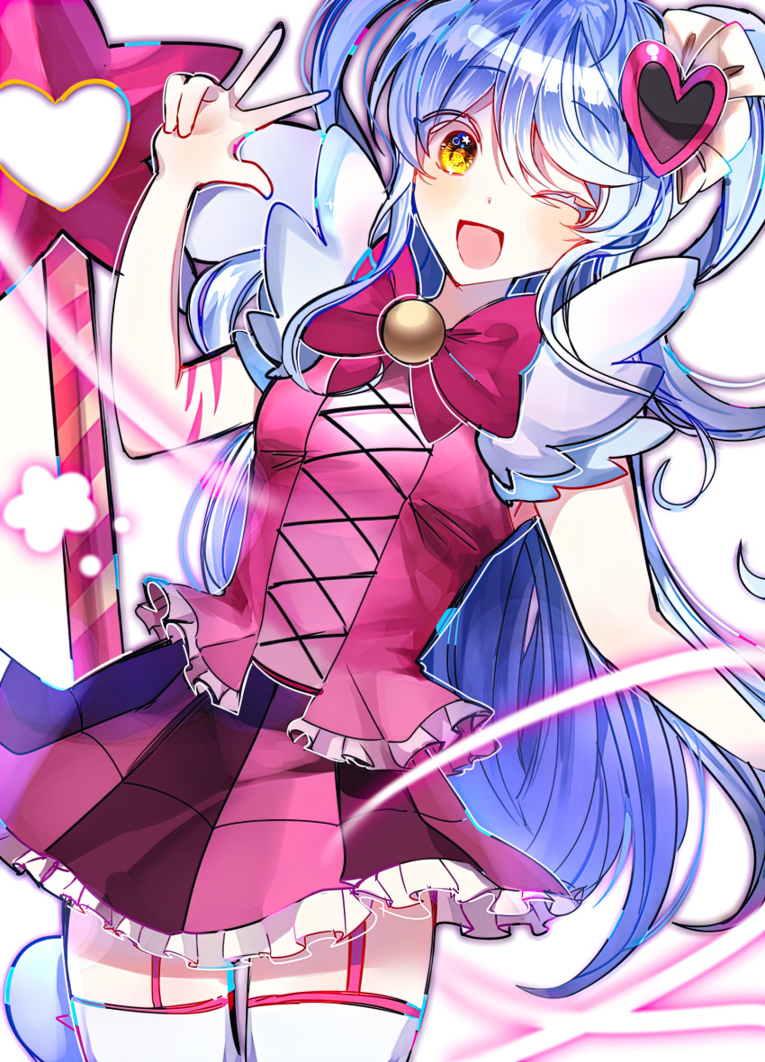 1girl ;d absurdres blue_hair body_markings breasts cowboy_shot frilled_skirt frills hair_ornament heart heart_hair_ornament highres lobotomy_corporation one_eye_closed open_mouth pink_garter_straps pink_shirt project_moon queen_of_hatred shirt simple_background skirt sleeveless sleeveless_shirt smile solo staff star_(symbol) third-party_source two_side_up user_hhyy2277 w white_background yellow_eyes