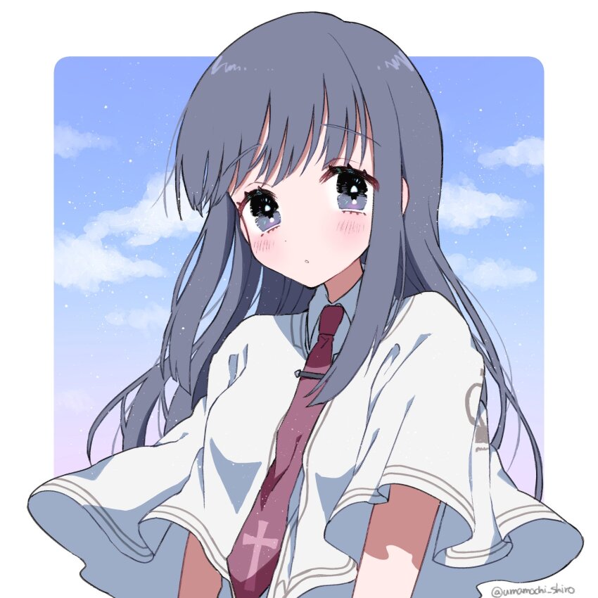 1girl blue_eyes blue_sky border capelet cloud collared_shirt cross cross_print crown_print day grey_hair highres long_hair looking_at_viewer necktie parted_lips print_capelet print_necktie red_necktie school_uniform shirt sky solo straight_hair subarashiki_hibi takashima_zakuro twitter_username umamochi_shiro upper_body white_capelet white_shirt