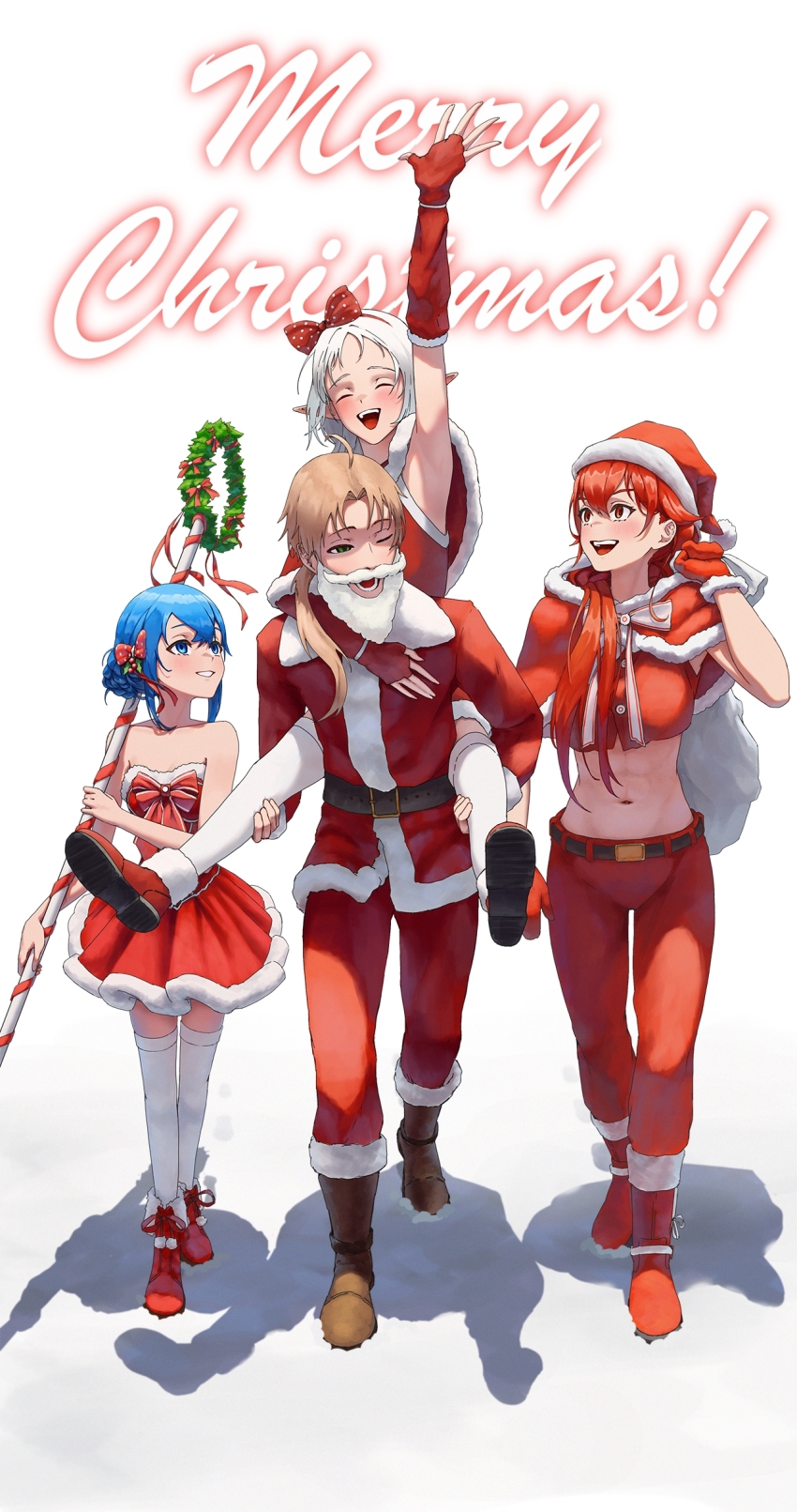1boy 3girls :d abs absurdres aged_up ahoge alternate_costume aqwariate arm_up armpits bare_shoulders belt black_belt blue_eyes blue_hair boots bow braid breasts brown_footwear brown_hair capelet carrying christmas closed_eyes collarbone commentary cousins cropped_shirt crossed_bangs dress elbow_gloves elf eris_greyrat fake_beard fake_facial_hair fingerless_gloves flat_chest full_body fur-trimmed_capelet fur_trim gloves green_eyes groin hair_between_eyes hair_bow hat highres holding holding_sack holding_staff husband_and_wives jacket large_breasts long_hair long_sleeves looking_at_another matching_hair/eyes medium_hair merry_christmas midriff multiple_girls mushoku_tensei navel one_eye_closed open_mouth pants parted_bangs parted_lips piggyback pointy_ears ponytail red_bow red_capelet red_dress red_eyes red_footwear red_gloves red_hair red_hat red_jacket red_pants red_shirt roxy_migurdia rudeus_greyrat sack santa_boots santa_capelet santa_costume santa_dress santa_gloves santa_hat shadow shirt short_hair sidelocks simple_background sleeveless sleeveless_shirt smile snow staff standing strapless strapless_dress sylphiette_(mushoku_tensei) teeth thick_eyebrows thighhighs upper_teeth_only walking white_background white_hair white_thighhighs zettai_ryouiki