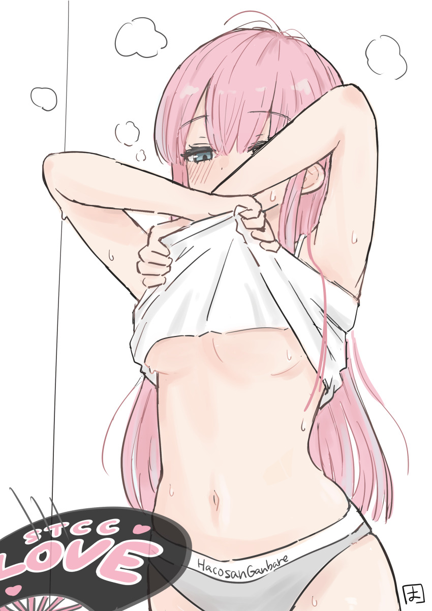 1girl absurdres arms_up blush breasts clothes_lift clothes_writing commentary_request cowboy_shot grey_eyes grey_panties haco_(user_usmg5523) highres large_breasts long_hair navel no_bra original panties pink_hair shirt shirt_lift simple_background sketch sleeveless sleeveless_shirt solo steam steaming_body stomach straight_hair sweat underboob underwear underwear_writing undressing white_background white_shirt