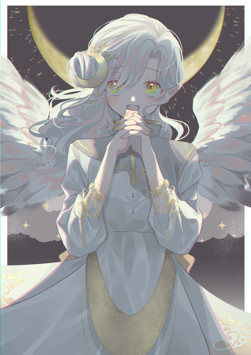 1girl angel_wings blush cowboy_shot dress eyes_visible_through_hair green_eyes hair_bun hair_ornament hair_over_one_eye highres holding_own_hand long_hair looking_at_viewer moon open_mouth original parted_bangs pointy_ears purimo_(xxxmofmof) single_hair_bun slit_pupils solo teeth tongue upper_teeth_only white_dress white_hair white_wings wings yellow_nails