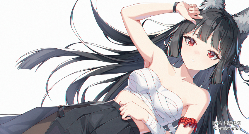 1girl animal_ear_fluff animal_ears artist_name bandaged_arm bandaged_chest bandages bare_arms bare_shoulders black_hair black_skirt blunt_bangs collarbone cowboy_shot fingernails fox_ears fox_girl ge_zhong_kuaile high-waist_skirt highres hoshimi_miyabi long_hair looking_at_viewer parted_lips red_eyes sidelocks simple_background skirt solo white_background zenless_zone_zero