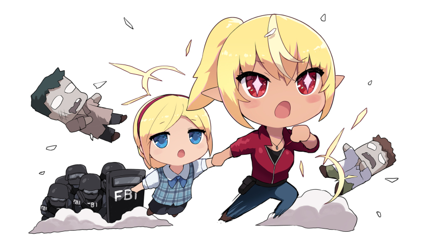 +_+ 2girls bad_id bad_pixiv_id ballistic_shield black_headwear black_jacket black_shirt black_shorts blonde_hair blue_eyes blue_pants blue_vest brown_footwear cait_aron character_request chibi claire_redfield claire_redfield_(cosplay) collared_shirt cosplay dust_cloud elf fbi goggles hair_between_eyes helmet highres holding_hands hololive jacket multicolored_hair multiple_girls pants plaid_clothes plaid_vest pointy_ears ponytail puffy_short_sleeves puffy_sleeves red_eyes red_jacket resident_evil resident_evil_2 resident_evil_2_(remake) riot_shield sherry_birkin shield shiranui_flare shirt shoes short_sleeves shorts simple_background streaked_hair vest virtual_youtuber white_background white_shirt zombie