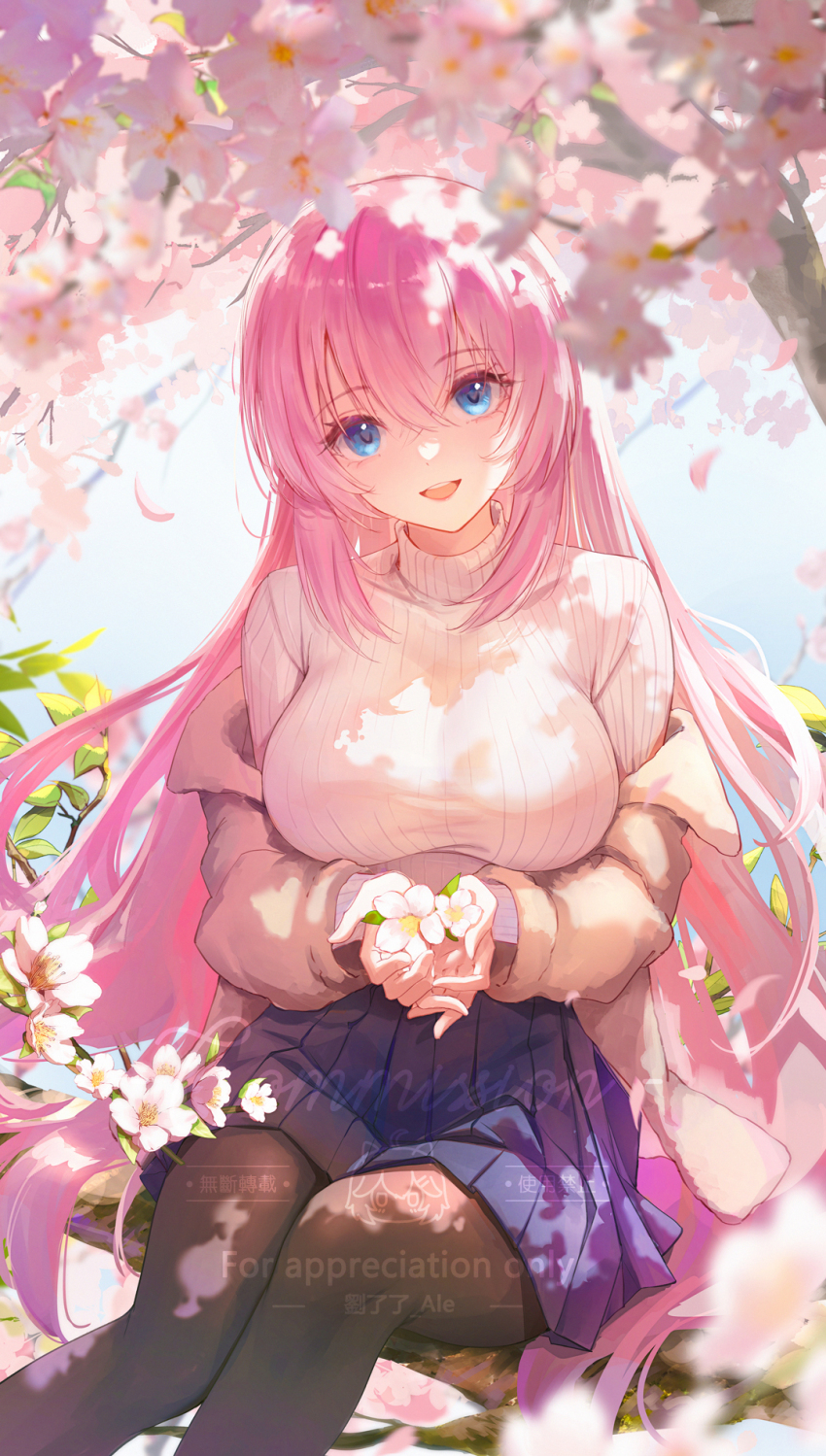 1girl black_pantyhose blue_eyes flower hair_between_eyes highres ichinose_honami_(youjitsu) jacket liu_liaoliao long_hair long_sleeves looking_at_viewer off_shoulder open_clothes open_jacket open_mouth outdoors pantyhose pink_hair sitting skirt smile solo sweater turtleneck turtleneck_sweater white_flower white_sweater youkoso_jitsuryoku_shijou_shugi_no_kyoushitsu_e