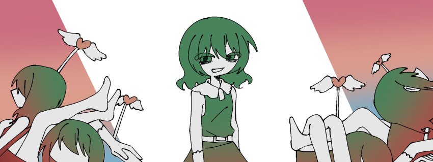 6+girls arrow_(projectile) belt clone commentary dress green_dress green_eyes green_hair highres iyowa_girls long_sleeves looking_at_viewer medium_hair multiple_girls pile_of_corpses pinafore_dress shirt sleeveless sleeveless_dress smile sn_(sn_utu00) standing tabun_owari_(vocaloid) tawari_(iyowa) upper_body white_belt white_shirt