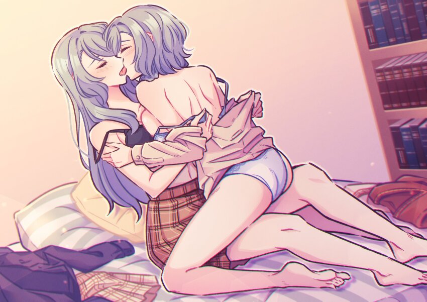 2girls absurdres akamirai bang_dream! bare_shoulders bed commission french_kiss highres hikawa_hina hikawa_sayo incest kiss multiple_girls panties shirt siblings sisters sitting sitting_on_lap sitting_on_person twincest twins underwear undressing undressing_another unworn_shirt yuri