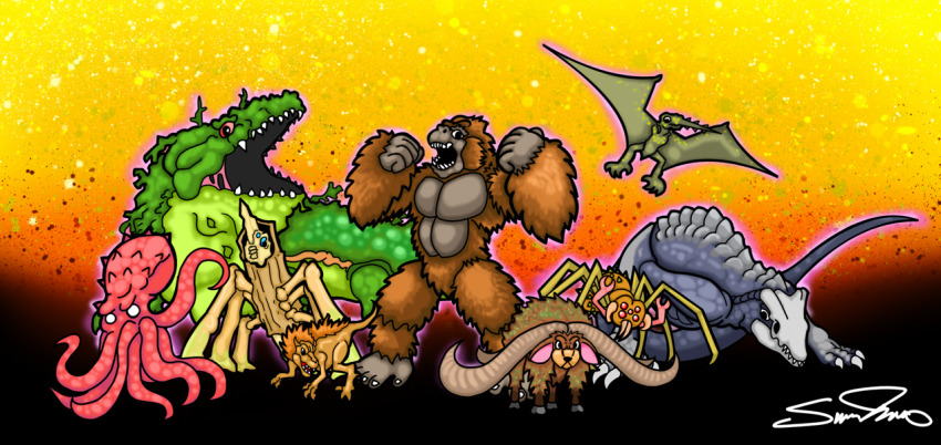 alligator ape bug cane chibi crocodilian death_jackal gorilla kaiju king_kong king_kong_(series) kong:_skull_island leafwing legendary_pictures mire_squid monsterverse mother_longlegs no_humans octopus sirenjaw sker_buffalo skull_island:_the_birth_of_kong skullcrawler spider spore_mantis wintergaia