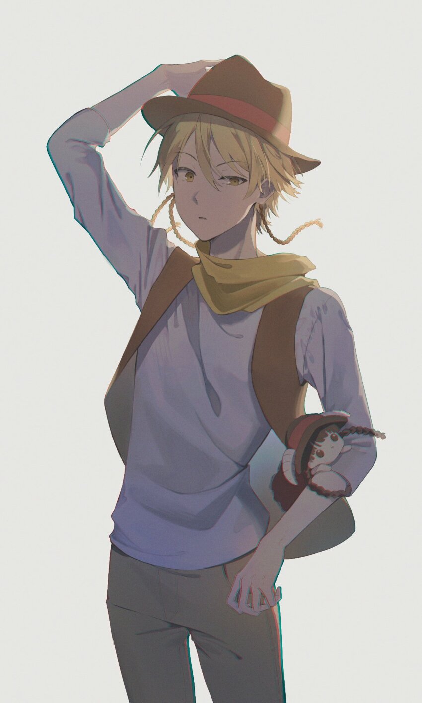 1boy alicein_mikuni blonde_hair braid brown_pants cowboy_hat doll hat highres holding holding_doll male_focus oki_0831 orange_eyes pants scarf servamp short_hair side_braid yellow_scarf