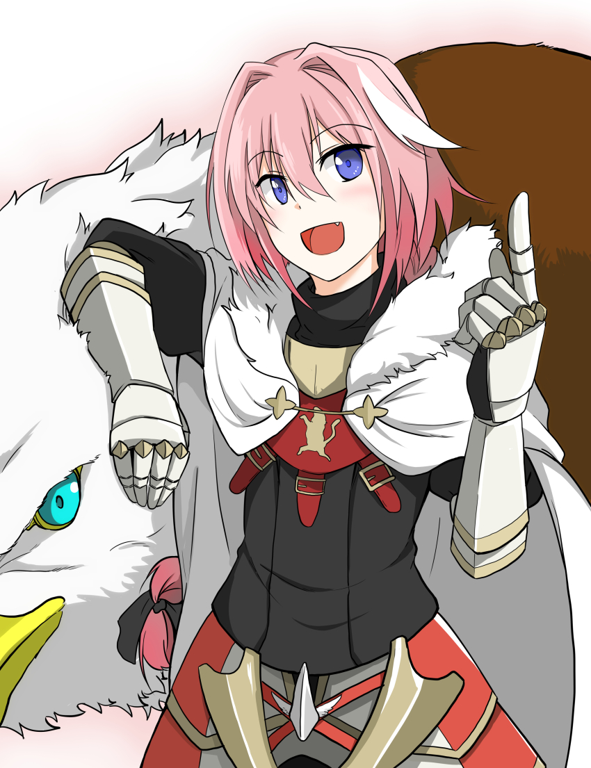 1boy absurdres animal astolfo_(fate) bird blue_eyes braid cape commentary_request drag009 eagle fang fate/apocrypha fate_(series) fur-trimmed_cape fur_trim gauntlets hair_intakes highres long_hair male_focus multicolored_hair open_mouth oversized_animal pink_hair shirt smile solo streaked_hair two-tone_hair white_cape white_shirt