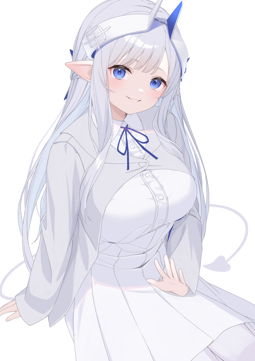 1girl absurdres blue_eyes blue_ribbon breasts collared_shirt commentary_request demon_girl demon_horns demon_tail dress_shirt grey_hair grey_jacket hashiko_nowoto highres horns jacket long_hair long_sleeves looking_at_viewer medium_breasts neck_ribbon original pleated_skirt pointy_ears ribbon shirt simple_background skirt sleeves_past_wrists smile solo tail very_long_hair white_background white_shirt white_skirt