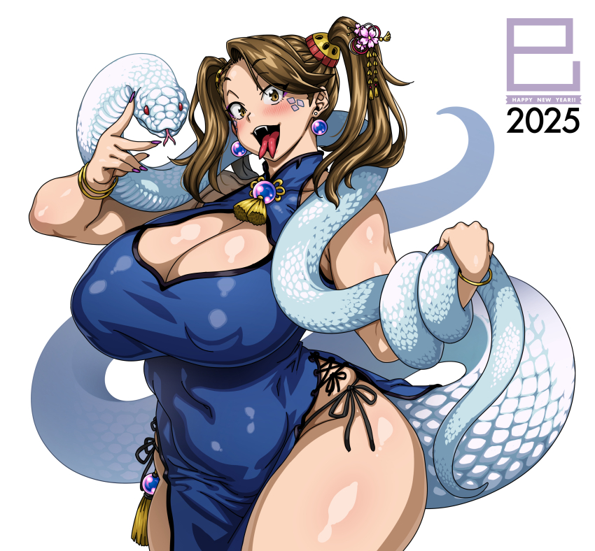 1girl 2025 absurdres blue_dress breasts brown_eyes brown_hair china_dress chinese_clothes chinese_zodiac cleavage_cutout clothing_cutout dress earrings forked_tongue gundam gundam_build_fighters gundam_build_fighters_try hair_ornament highres huge_breasts jewelry jun_(rojiura_jack) long_hair nail_polish plump sazaki_kaoruko simple_background smile snake solo sphere_earrings thick_thighs thighs tongue twintails white_snake year_of_the_snake