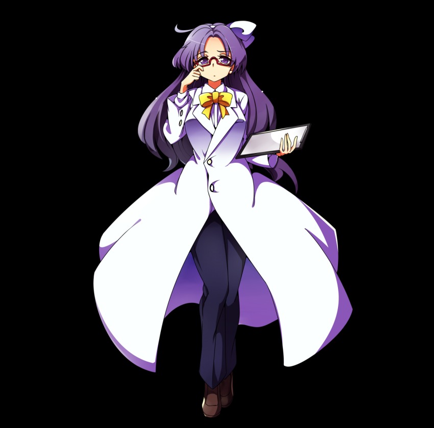baba_(baba_seimaijo) closed_lab_coat full_body glasses hairband highres lab_coat long_hair neck_ribbon pants purple_eyes purple_hair ribbon solo transparent_background white_ribbon yellow_ribbon