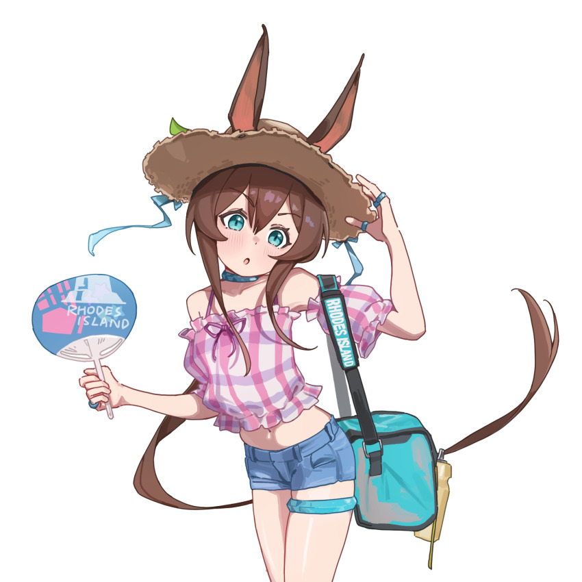 1girl :o amiya_(arknights) animal_ears aqua_eyes arknights bare_shoulders blue_shorts blush brown_hair brown_hat camisole chinese_commentary commentary_request cowboy_shot crop_top denim denim_shorts detached_sleeves ears_through_headwear hair_between_eyes hand_fan hand_fan_writing hat highres holding holding_fan jewelry ki26 long_hair looking_at_viewer midriff multiple_rings navel off_shoulder pink_camisole pink_sleeves plaid_camisole plaid_clothes plaid_sleeves ponytail ring short_shorts short_sleeves shorts sidelocks simple_background solo standing thighlet very_long_hair white_background white_camisole white_sleeves