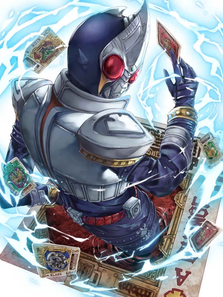 1boy armor belt blay_buckle blue_bodysuit bodysuit card compound_eyes full_armor helmet highres holding holding_card kamen_rider kamen_rider_blade kamen_rider_blade_(series) lightning male_focus mask motsu_(kirabeatkila) playing_card portal_(object) red_eyes rider_belt solo standing tokusatsu