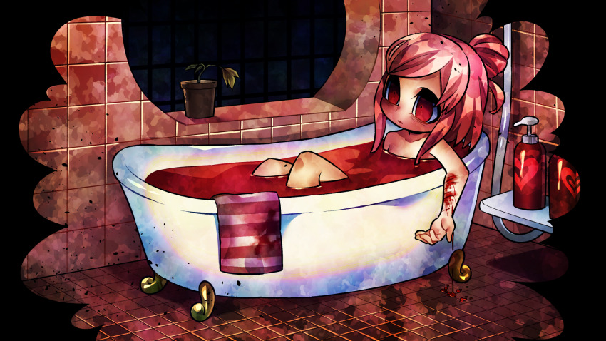 1girl bath bathroom bathtub blood blood_drip blood_on_arm blood_on_ground highres in_bathtub indie_virtual_youtuber injury long_hair magical_girl_smile non-web_source pink_hair plant pop_einsworth potted_plant red_eyes self-harm senmu_(0107) simple_background tile_floor tile_wall tiles very_long_hair wilted_flower withered wrist_cutting