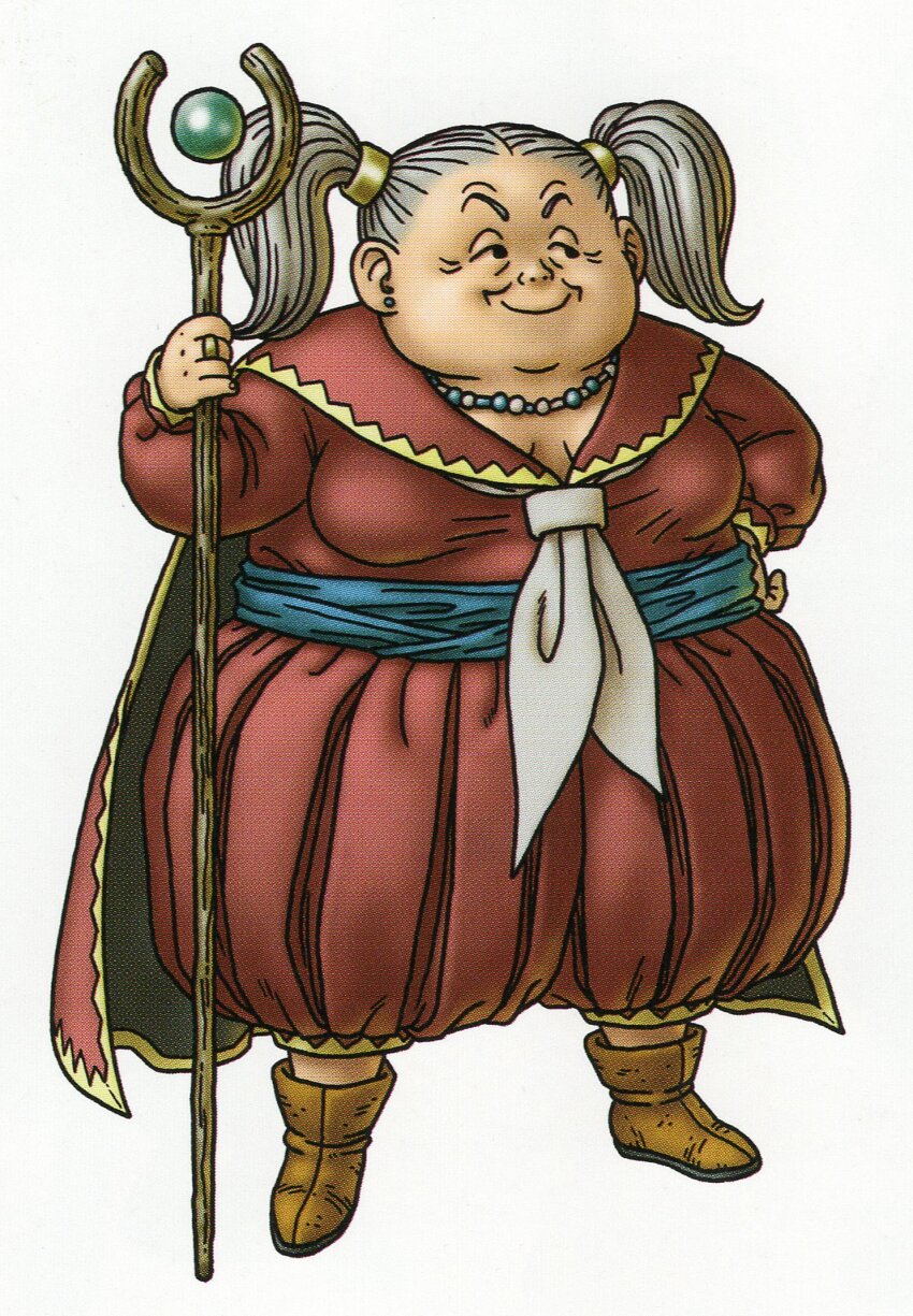 1girl aba-sama_(dq10) bead_necklace beads black_eyes boots breasts brown_boots cape cleavage dragon_quest dragon_quest_x earrings fat fat_woman full_body grey_hair hair_pulled_back hair_tubes hand_on_own_hip highres holding holding_staff jewelry jitome large_breasts looking_to_the_side necklace necktie official_art old old_woman pants red_cape red_pants red_shirt ring sailor_collar sailor_shirt scan shirt smile solo staff stud_earrings third-party_source toriyama_akira twintails white_background white_necktie yellow_trim