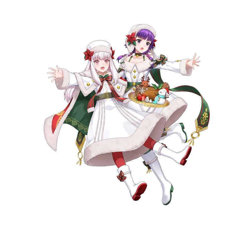 2girls absurdres amagai_tarou belt boots bow braid cape choker collarbone commentary_request fire_emblem fire_emblem:_the_sacred_stones fire_emblem:_three_houses fire_emblem_heroes floating floating_object food fruit full_body fur_trim hat highres knee_boots long_hair long_sleeves looking_away lute_(fire_emblem) lute_(winter)_(fire_emblem) lysithea_von_ordelia lysithea_von_ordelia_(winter) multiple_girls nintendo official_art open_mouth pantyhose purple_eyes purple_hair red_legwear simple_background snowman strawberry white_hair