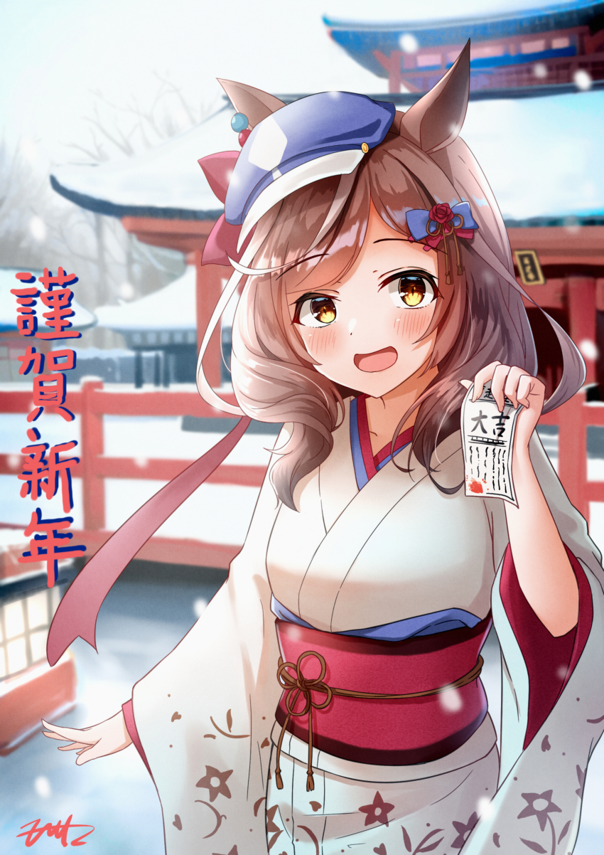 1girl absurdres alternate_costume animal_ears beret blush breasts brown_hair newsboy_cap ears_through_headwear fritz614 hair_ornament hairclip hat highres horse_ears horse_girl japanese_clothes kimono looking_at_viewer matikane_tannhauser_(umamusume) medium_breasts medium_hair open_mouth shrine signature torii umamusume