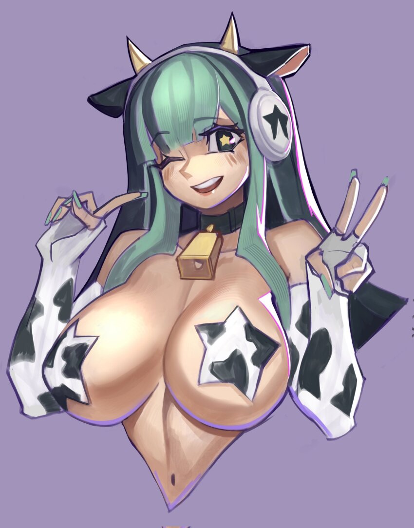 1girl animal_ears animal_print black_eyes black_gloves black_pasties breasts commentary cow_ears cow_print cow_print_gloves cow_print_pasties fingerless_gloves gloves green_hair highres horns large_breasts long_hair navel nezo nova_(nezo) one_eye_closed original pasties print_gloves purple_background simple_background smile solo star-shaped_pupils star_(symbol) star_pasties symbol-only_commentary symbol-shaped_pupils two-tone_gloves v white_gloves white_pasties