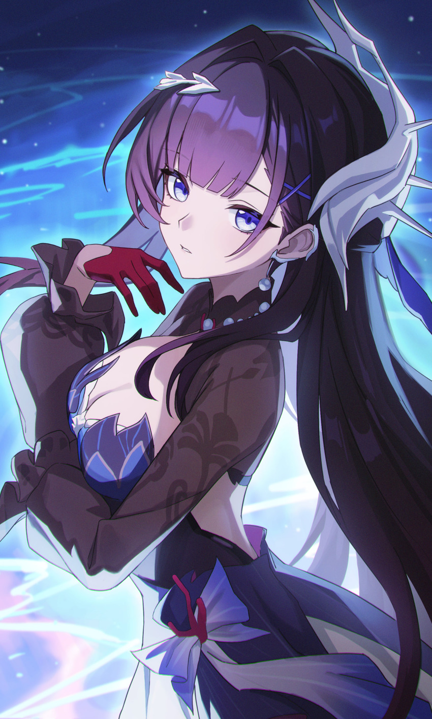 1girl absurdres arm_under_breasts black_shrug blunt_bangs breasts cleavage commentary_request dress from_side gloves hair_intakes hair_ornament hand_up highres honkai:_star_rail honkai_(series) hysilens_(honkai:_star_rail) light_particles long_hair long_sleeves looking_at_viewer medium_breasts parted_lips print_sleeves purple_dress purple_eyes purple_hair red_gloves shali shrug_(clothing) solo standing very_long_hair water x_hair_ornament