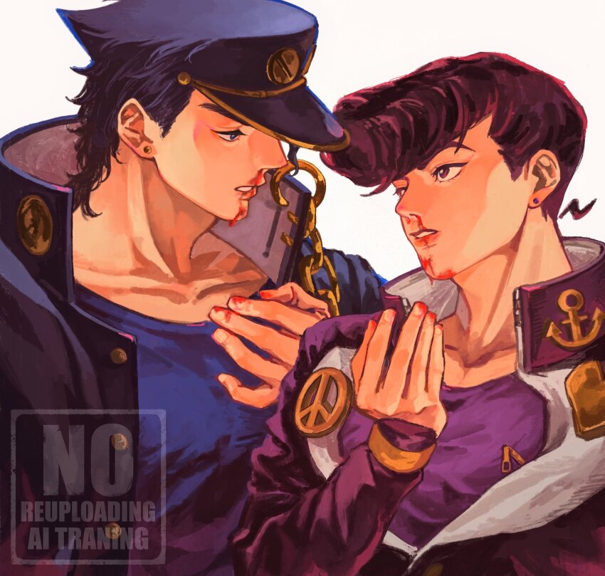 2boys anchor_ornament black_hair black_jacket blood blood_on_face blood_on_hands blue_eyes blue_shirt chain diamond_wa_kudakenai earrings english_text gakuran hat higashikata_josuke highres jacket jewelry jojo_no_kimyou_na_bouken kuujou_joutarou looking_at_another male_focus multiple_boys nosebleed parted_lips peace_symbol pompadour purple_eyes purple_hair purple_jacket purple_shirt school_uniform shirt stardust_crusaders time_paradox togusa_jj uncle_and_nephew watermark white_background yaoi