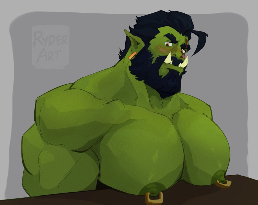 1boy ahoge bara beard black_hair blush colored_skin connected_beard extra_tusks facial_hair full_beard green_skin highres huge_pectorals looking_at_viewer male_focus mature_male monster_boy muscular muscular_male nipple_piercing nipple_rings nipples nude orc original pectoral_focus pectorals pectorals_rest piercing pointy_ears ryder_(fares0teb) scar scar_on_face scar_on_forehead short_hair smoke_(fares0teb) solo thick_beard tusks upper_body